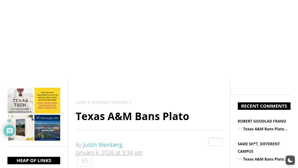 Screenshot of dailynous.com: Texas A&M bans part of Plato's Symposium