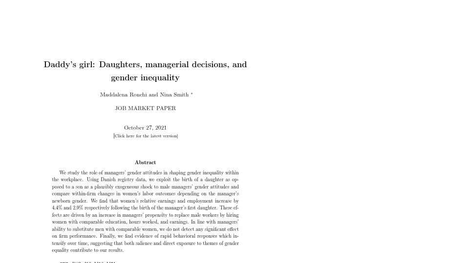 Screenshot of csef.it: Study: Managers with first-born daughters, hire more women and pay more equal [pdf]