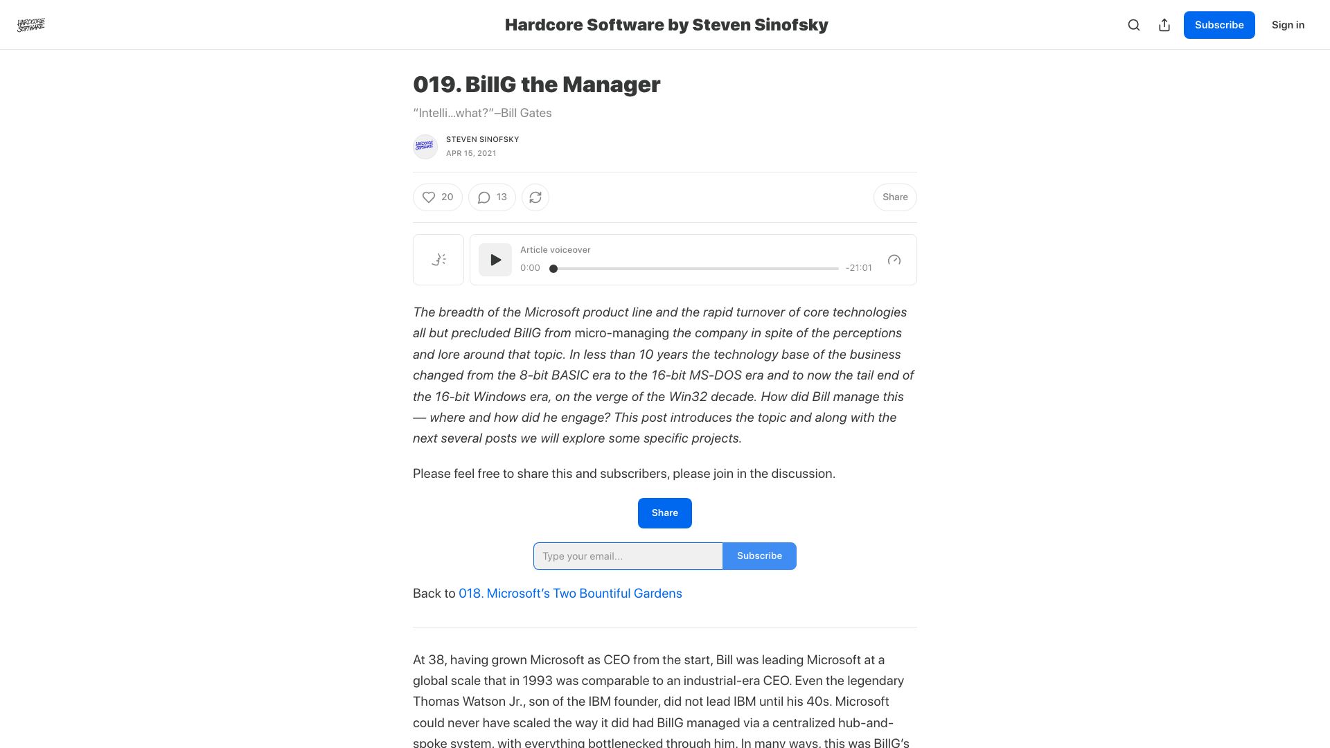 Screenshot of hardcoresoftware.learningbyshipping.com: BillG the Manager (2021)