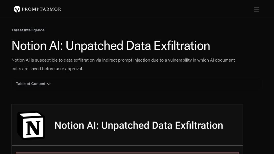 Screenshot of promptarmor.com: Notion AI: Unpatched data exfiltration