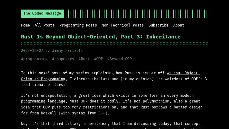 Screenshot of thecodedmessage.com: Rust is beyond object-oriented, part 3: Inheritance (2023)