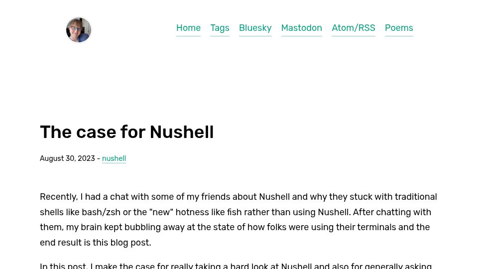 Screenshot of sophiajt.com: The Case for Nushell (2023)