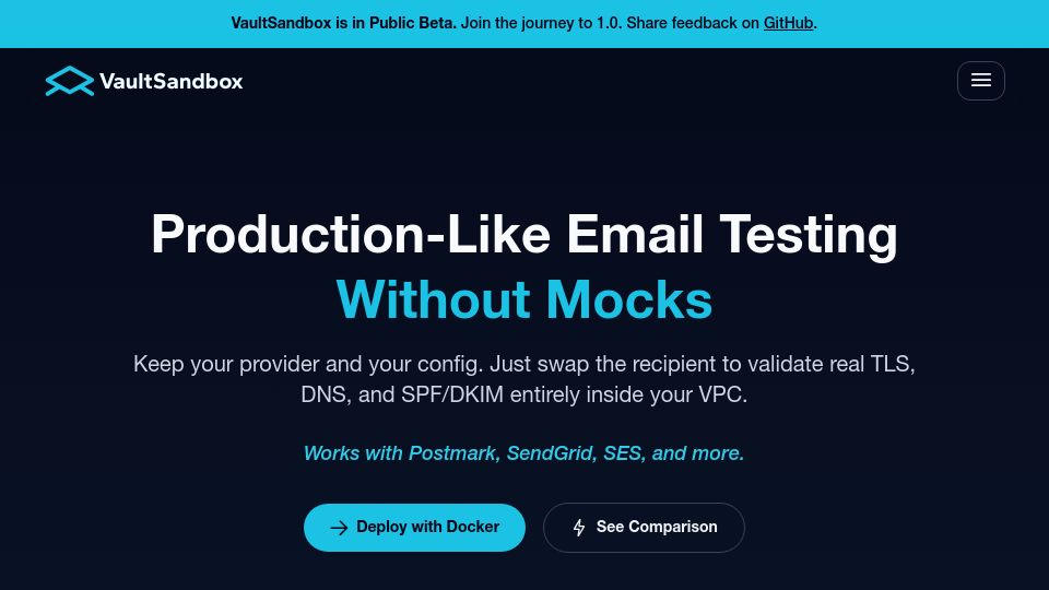 Screenshot of vaultsandbox.com: Show HN: VaultSandbox – Test your real MailGun/SES/etc. integration