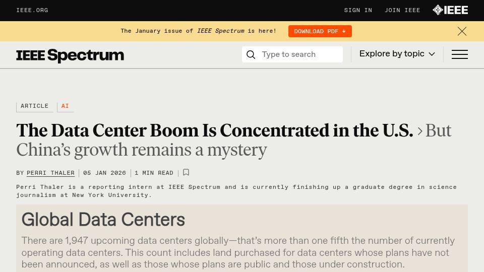 Screenshot of spectrum.ieee.org: The data center boom is concentrated in the U.S.