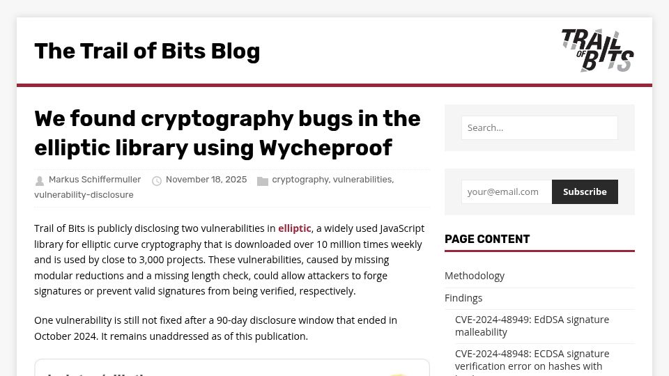 Screenshot of blog.trailofbits.com: We found cryptography bugs in the elliptic library using Wycheproof
