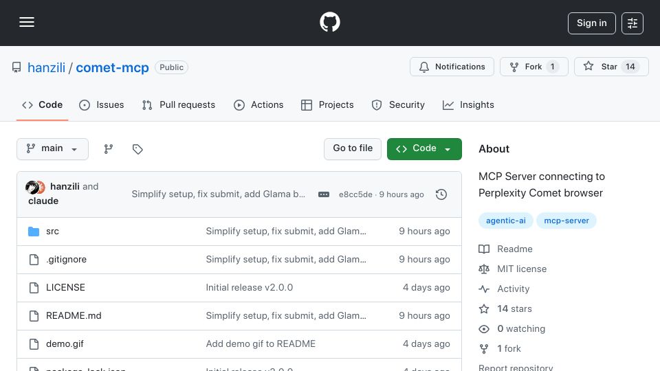 Screenshot of github.com: Show HN: Comet MCP – Give Claude Code a browser that can click