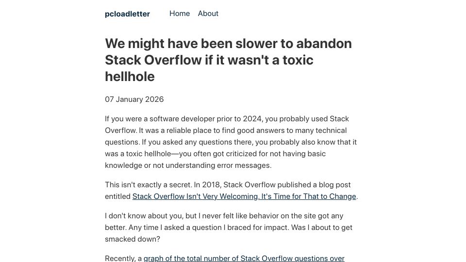 Screenshot of pcloadletter.dev: We might have been slower to abandon StackOverflow if it wasn't a toxic hellhole