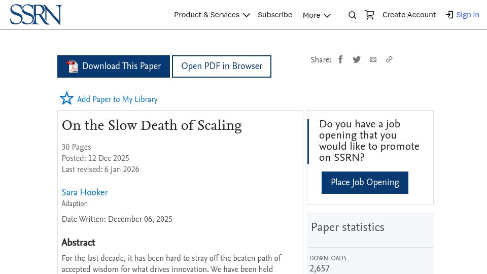 Screenshot of papers.ssrn.com: On the slow death of scaling