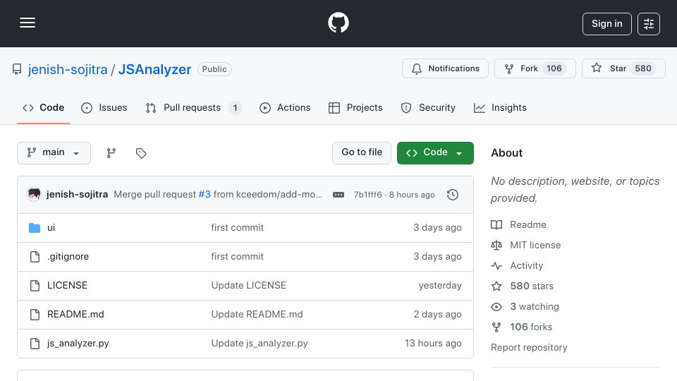 Screenshot of github.com: JavaScript Analyzer – Burp Suite Extension