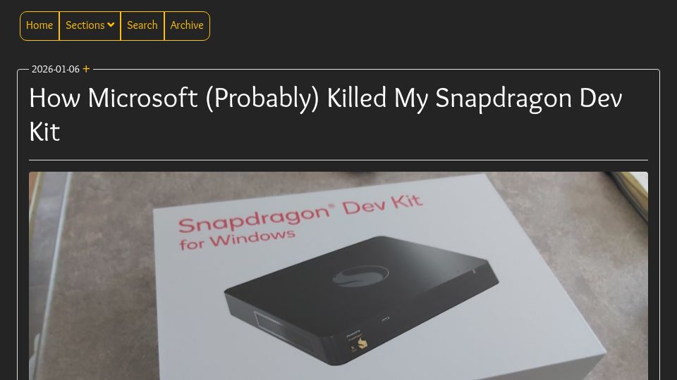 Screenshot of jasoneckert.github.io: Microsoft probably killed my Snapdragon Dev Kit