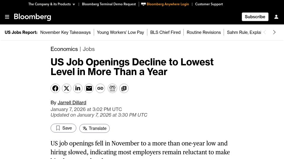 Screenshot of bloomberg.com: US Job Openings Decline to Lowest Level in More Than a Year