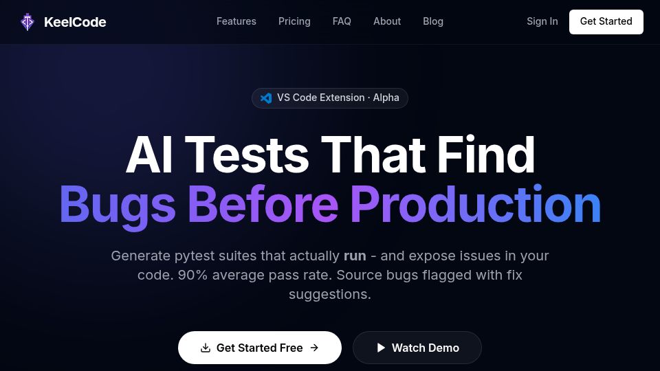 Screenshot of keelcode.dev: Show HN: KeelTest – AI-driven VS Code unit test generator with bug discovery