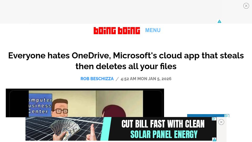 Screenshot of boingboing.net: Everyone hates OneDrive, Microsofts cloud app that steals and deletes files