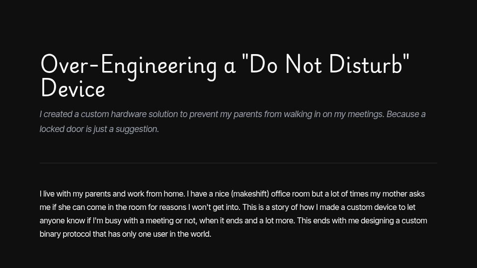 Screenshot of apoorv.page: Show HN: I built a "Do not disturb" Device for my home office