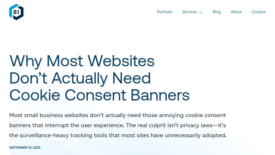 Screenshot of block81.com: Most websites don't need cookie consent banners