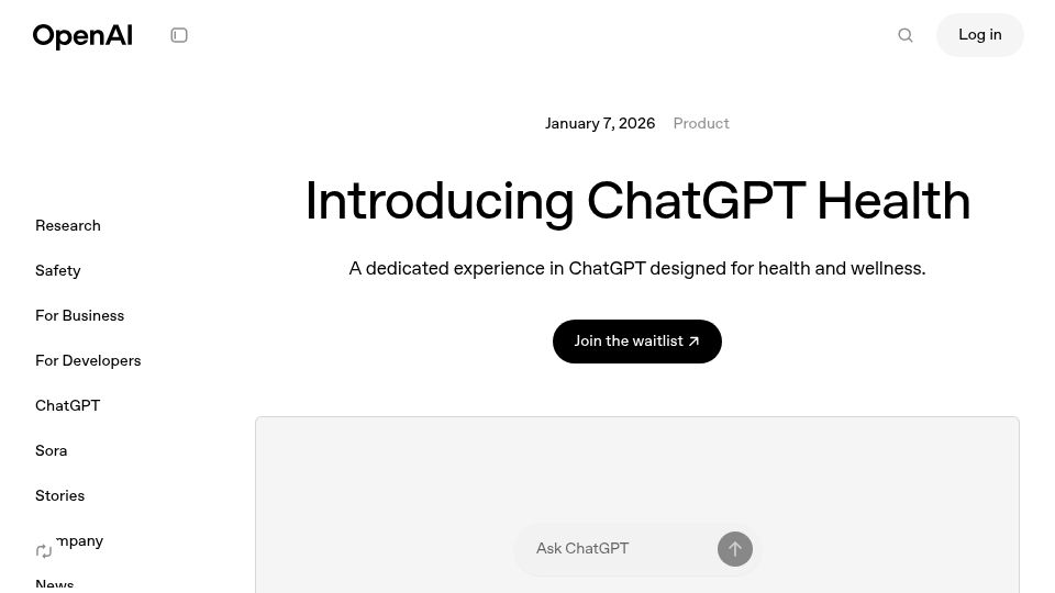 Screenshot of openai.com: ChatGPT Health