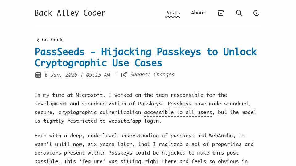 Screenshot of backalleycoder.com: PassSeeds – hijacking Passkeys to unlock new cryptographic use cases