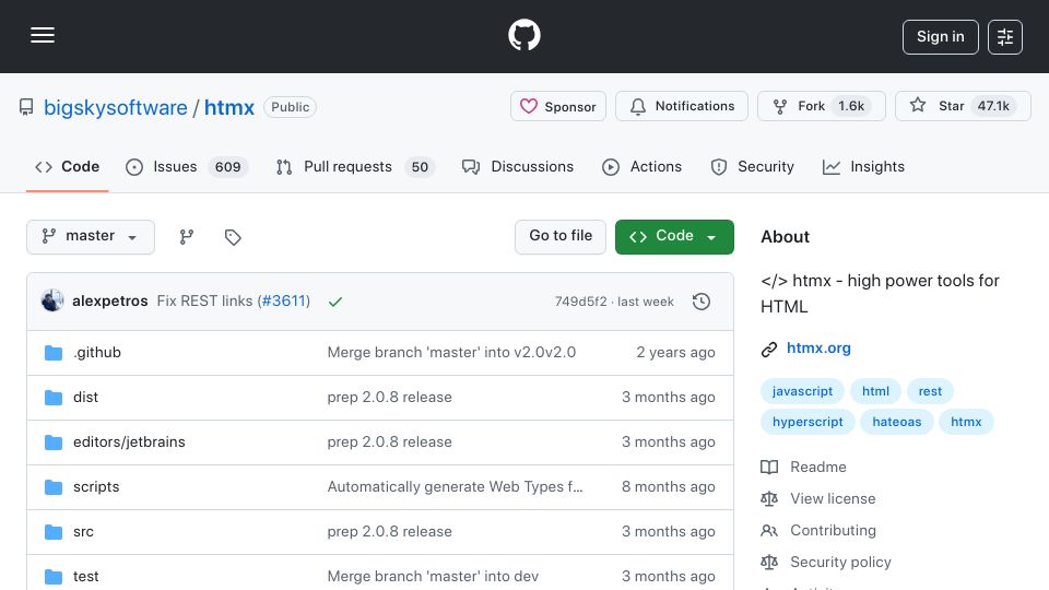 Screenshot of github.com: Htmx: High Power Tools for HTML