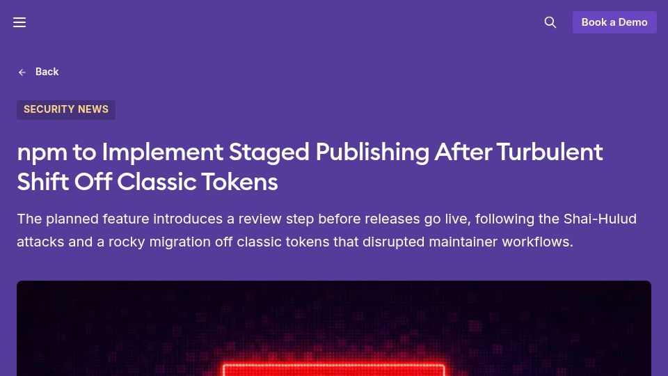 Screenshot of socket.dev: NPM to implement staged publishing after turbulent shift off classic tokens