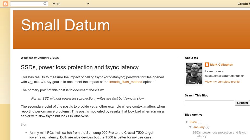 Screenshot of smalldatum.blogspot.com: SSDs, power loss protection and fsync latency