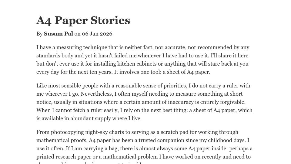 Screenshot of susam.net: A4 Paper Stories