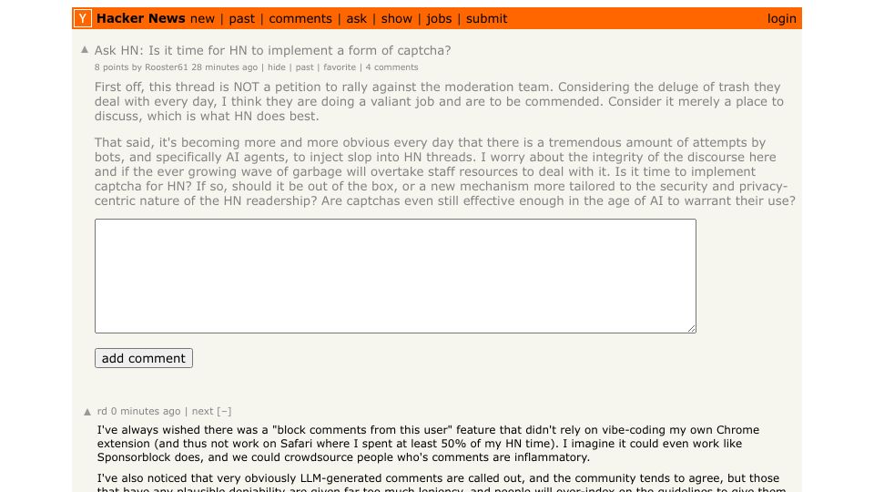 Screenshot of Hacker News post: Ask HN: Is it time for HN to implement a form of captcha?