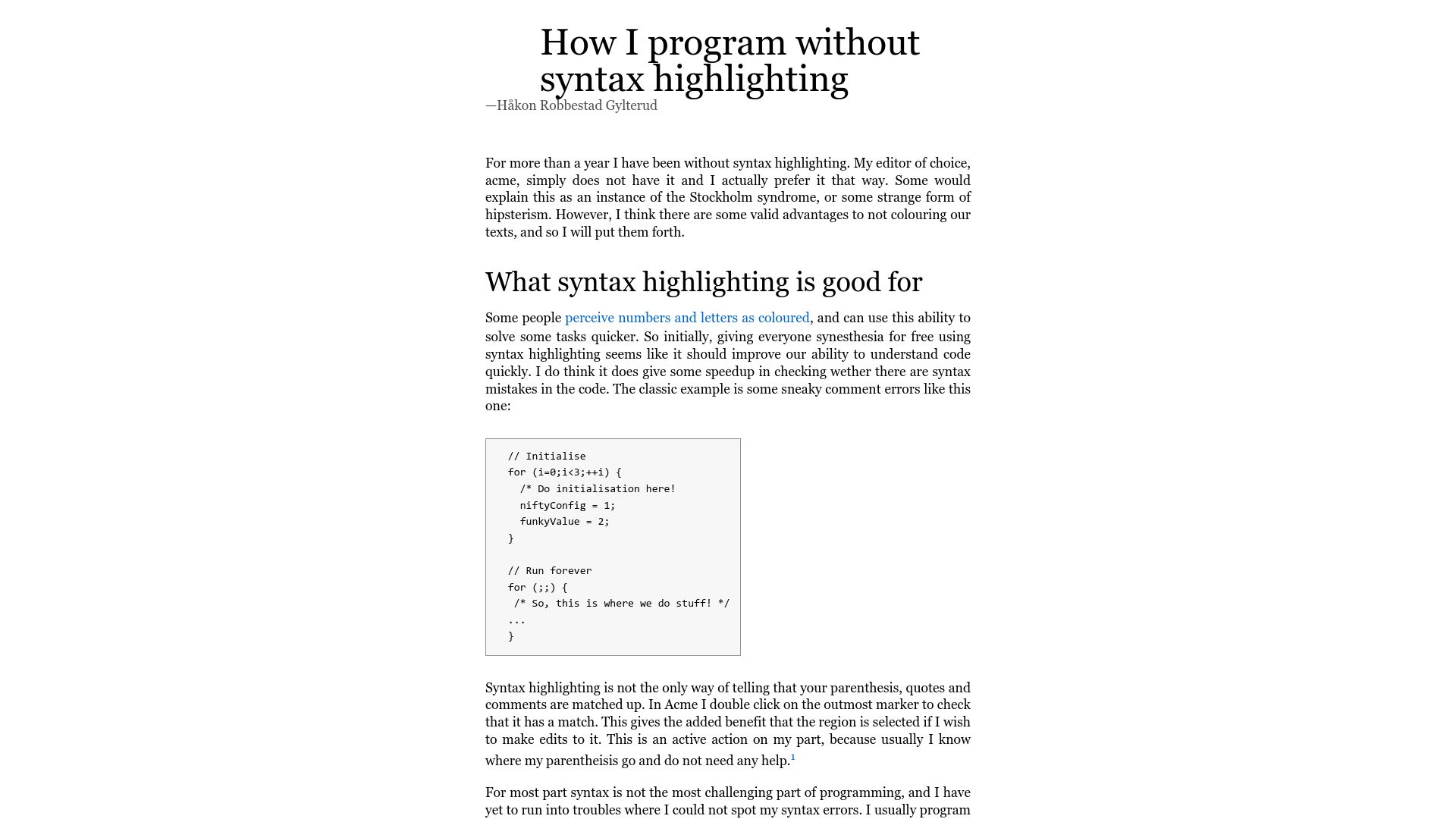 Screenshot of hakon.gylterud.net: I program without syntax highlighting