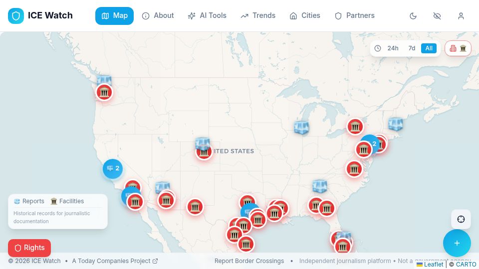 Screenshot of iceraidsnearme.com: Show HN: IceRaidsNearMe – Real-time, crowdsourced map of immigration enforcement