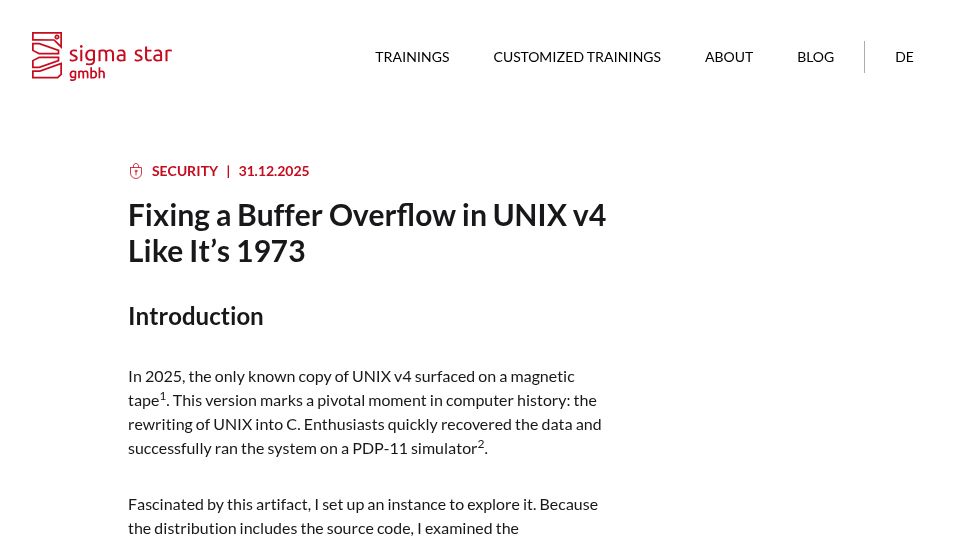 Screenshot of sigma-star.at: Fixing a Buffer Overflow in Unix v4 Like It's 1973
