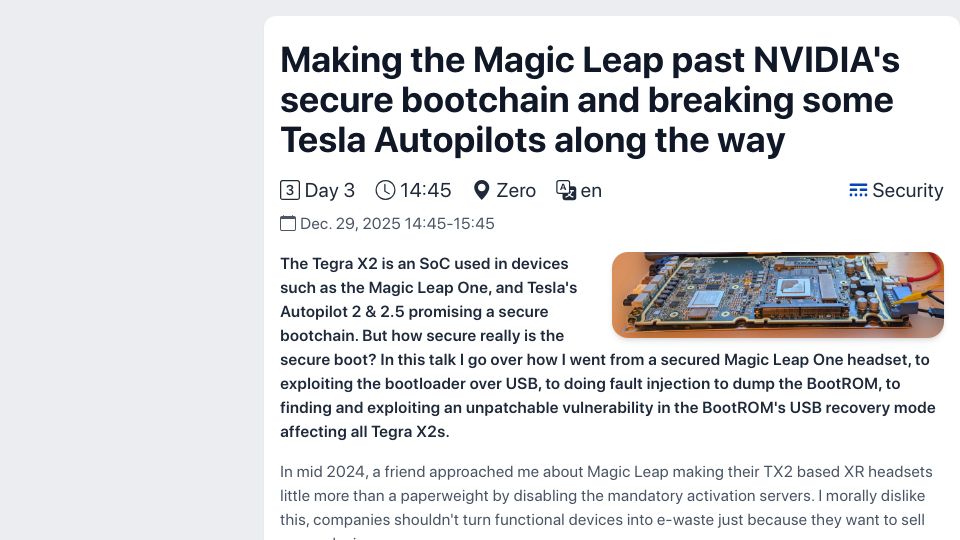 Screenshot of fahrplan.events.ccc.de: Making Magic Leap past Nvidia's secure bootchain and breaking Tesla Autopilots