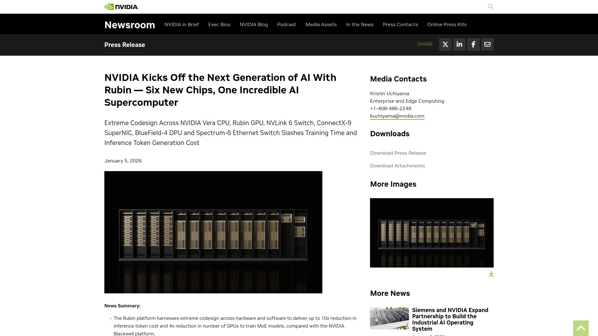 Screenshot of nvidianews.nvidia.com: Nvidia Kicks Off the Next Generation of AI with Rubin
