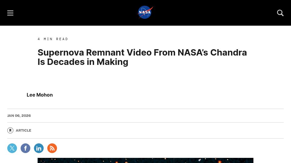 Screenshot of nasa.gov: Supernova Remnant Video from NASA's Chandra Is Decades in Making