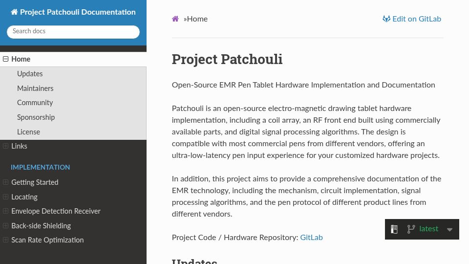 Screenshot of patchouli.readthedocs.io: Project Patchouli: Open-source electromagnetic drawing tablet hardware