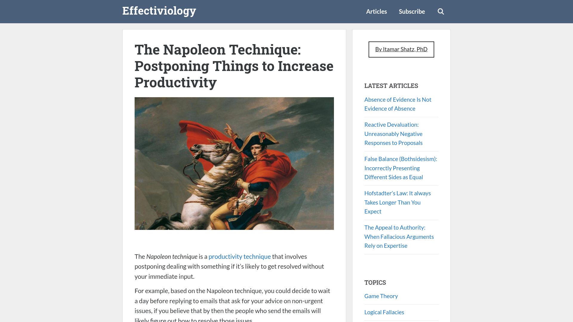 Screenshot of effectiviology.com: The Napoleon Technique: Postponing things to increase productivity