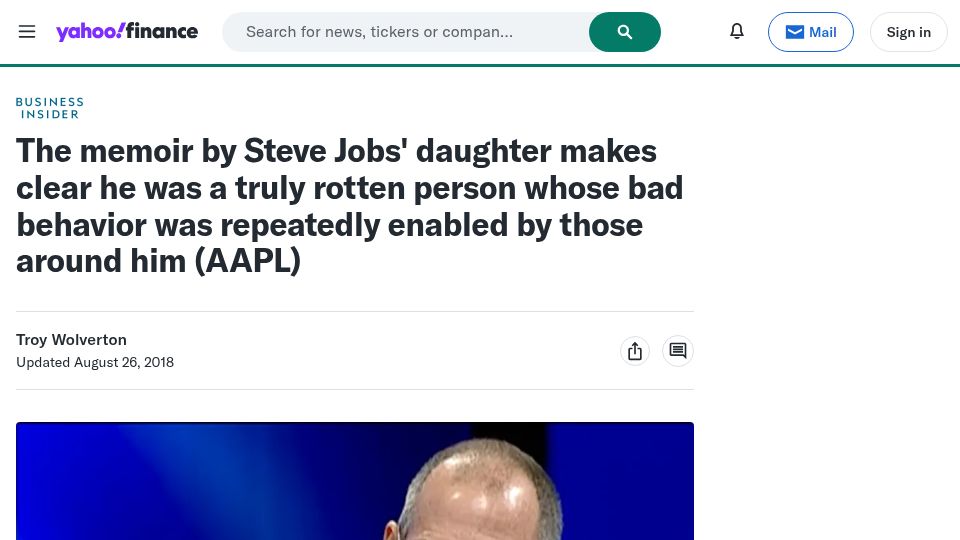 Screenshot of finance.yahoo.com: Memoir by Steve Jobs’ eldest daughter describes ways he was cruel to her (2018)