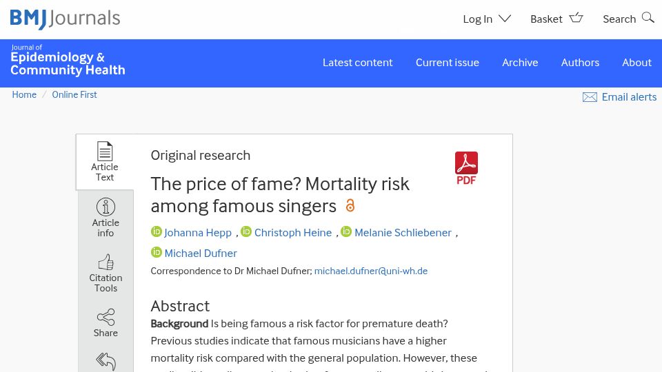 Screenshot of jech.bmj.com: The price of fame? Mortality risk among famous singers