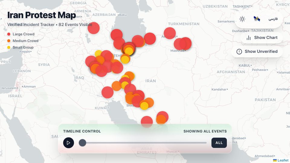Screenshot of pouyaii.github.io: Iran Protest Map