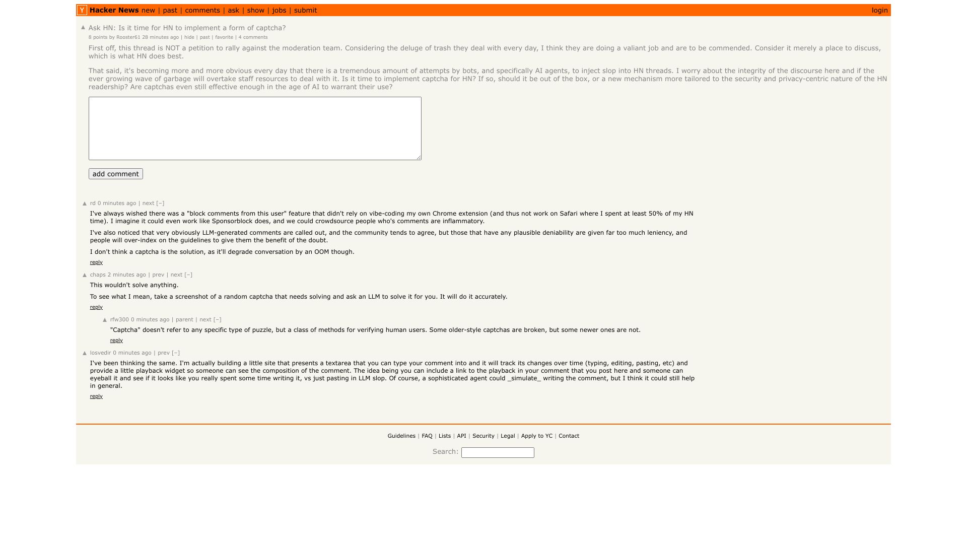 Screenshot of this Hacker News post: Ask HN: Is it time for HN to implement a form of captcha?