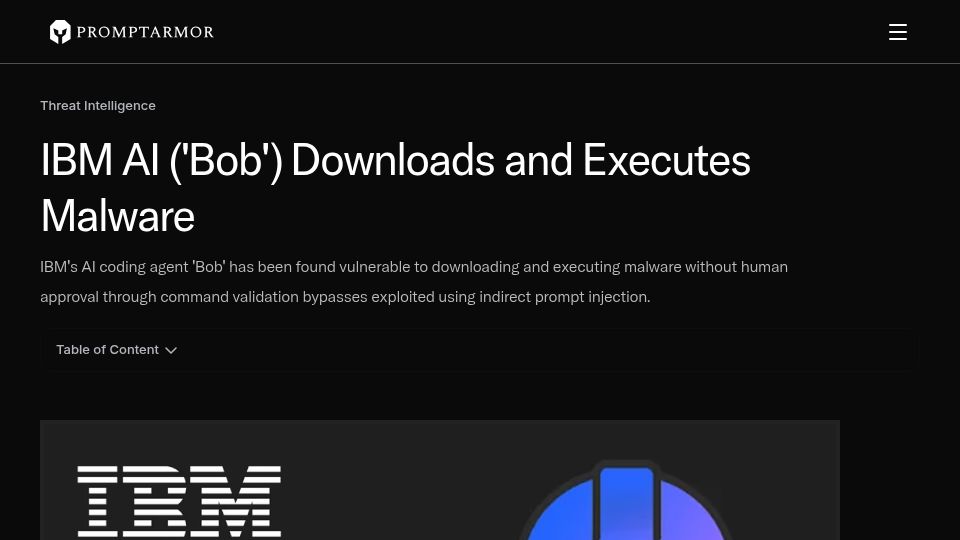 Screenshot of promptarmor.com: IBM AI ('Bob') Downloads and Executes Malware