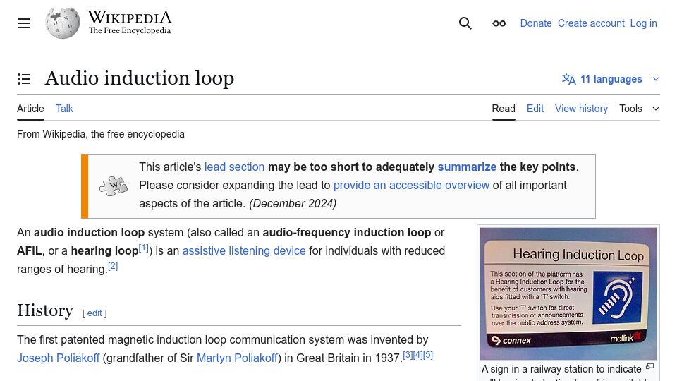 Screenshot of en.wikipedia.org: Anyone have experiences with Audio Induction Loops?