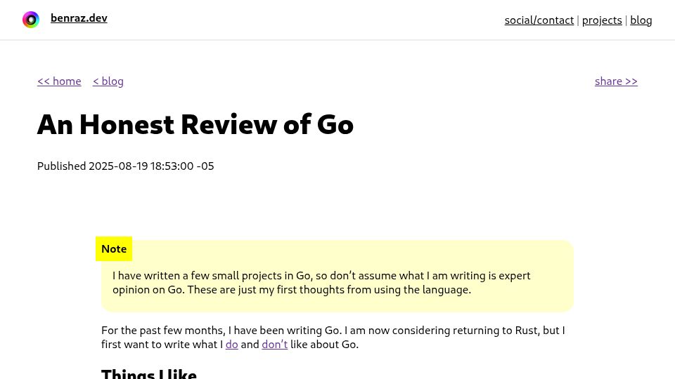 Screenshot of benraz.dev: An Honest Review of Go (2025)