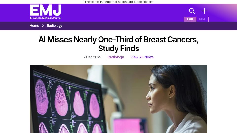 Screenshot of emjreviews.com: AI misses nearly one-third of breast cancers, study finds