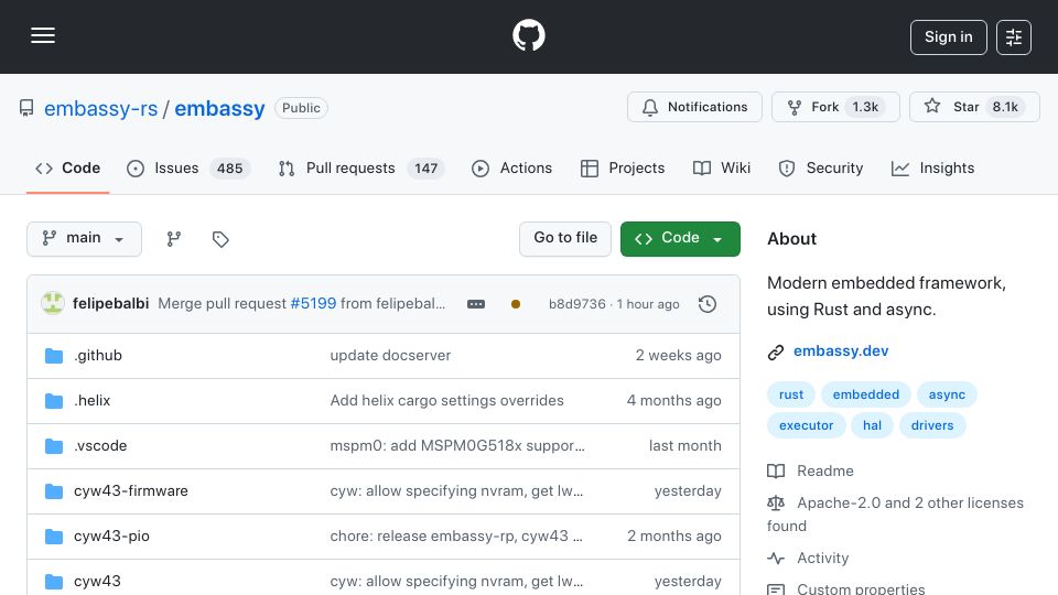 Screenshot of github.com: Embassy: Modern embedded framework, using Rust and async