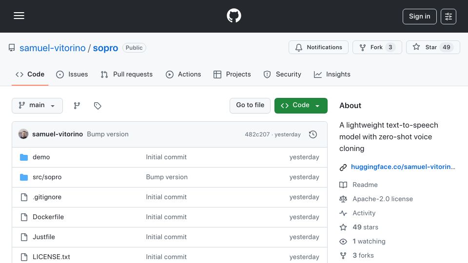 Screenshot of github.com: Sopro TTS: A 169M model with zero-shot voice cloning that runs on the CPU