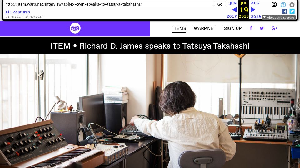 Screenshot of web.archive.org: Richard D. James aka Aphex Twin speaks to Tatsuya Takahashi (2017)