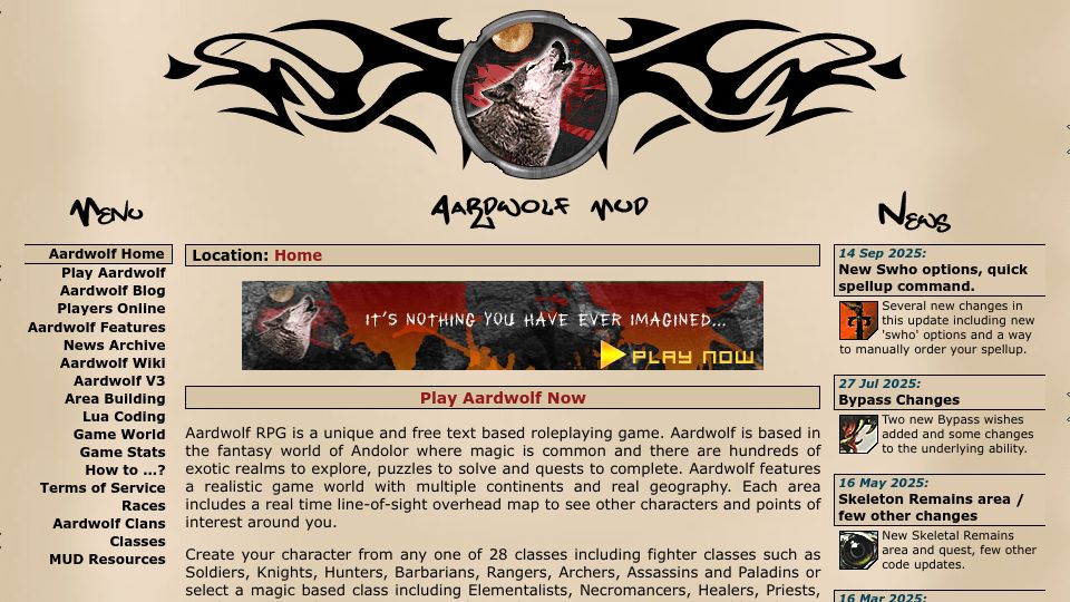 Screenshot of aardwolf.com: Play Aardwolf MUD