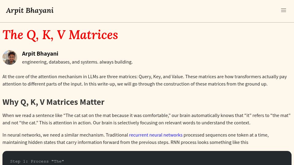 Screenshot of arpitbhayani.me: The Q, K, V Matrices