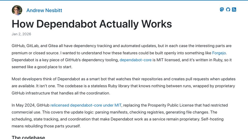 Screenshot of nesbitt.io: How dependabot works