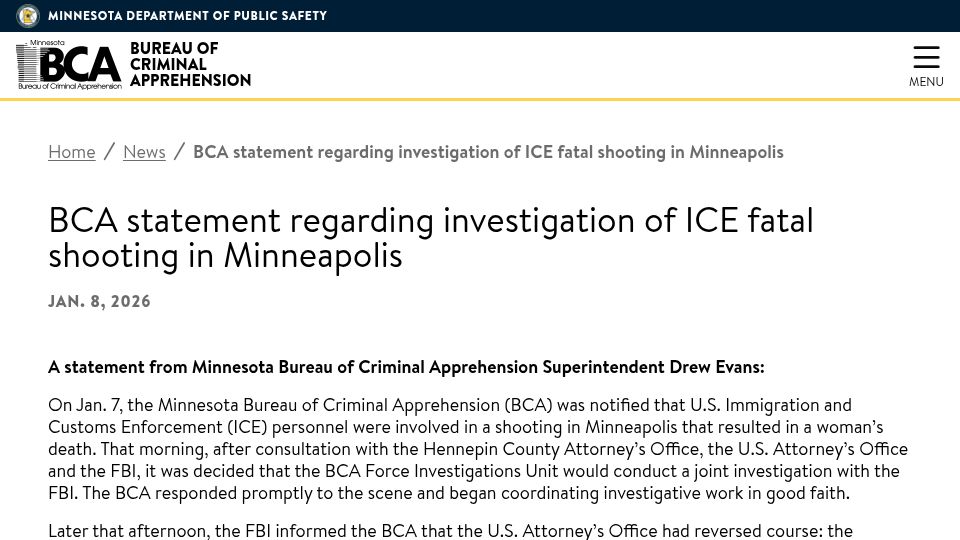 Screenshot of dps.mn.gov: BCA statement regarding investigation of ICE fatal shooting in Minneapolis