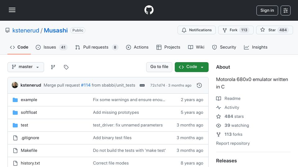 Screenshot of github.com: Musashi: Motorola 680x0 emulator written in C